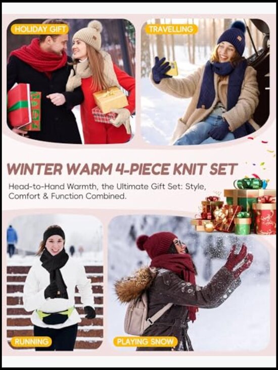 4 Piece Winter Hat Gloves Scarf Headband Set with Pom Pom Beanie Touchscreen main image 6